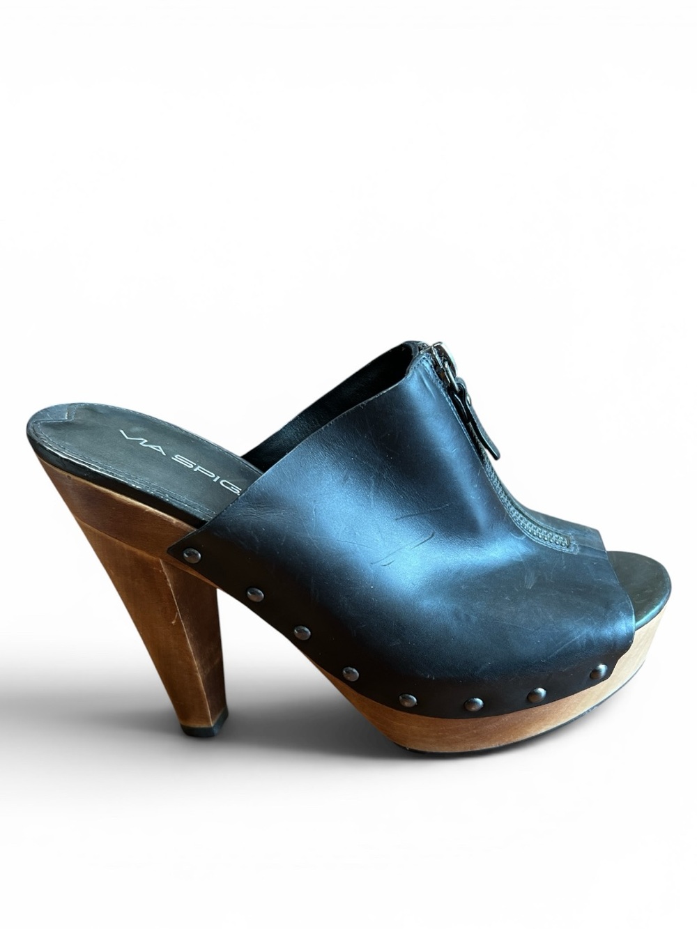 Via Spiga Size 8 Black Leather Zip Front Mule Clogs Wood Heel Platform Sandals